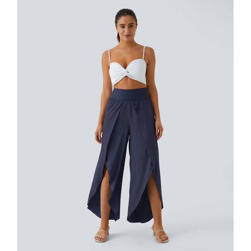 Halara Navy Blue Tulip Front Wide Leg Pilazzo Flowy Pants High Waist Resort SM